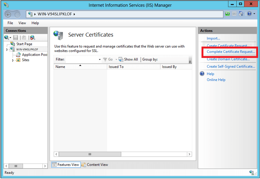 IIS Manager Complete Certificate Request