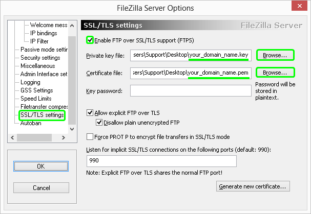 filezilla ssl certificate installation