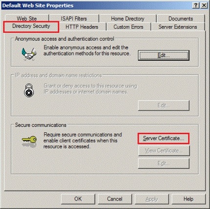 iis 5 default website properties - server certificate